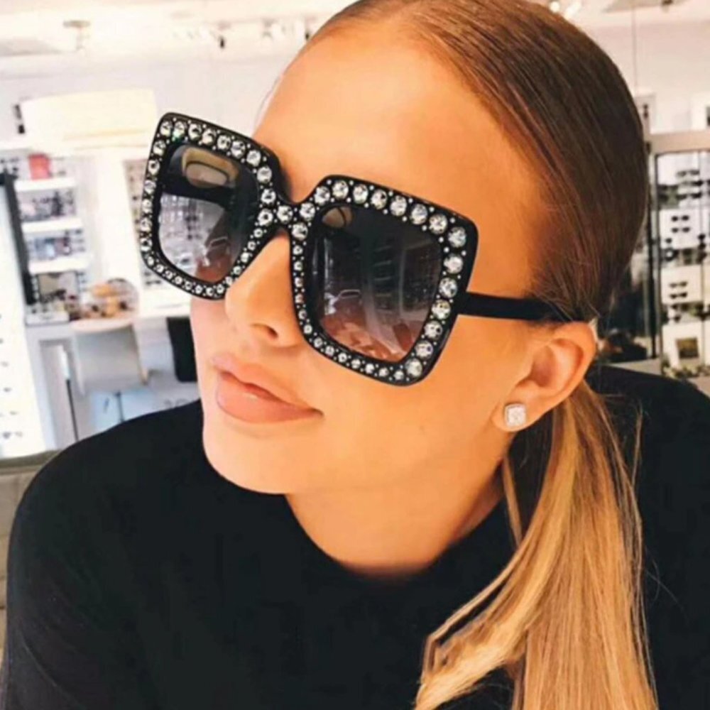 Retro Black Crystal Embellished Chunky Oversized Square Sunglasses Shades‎